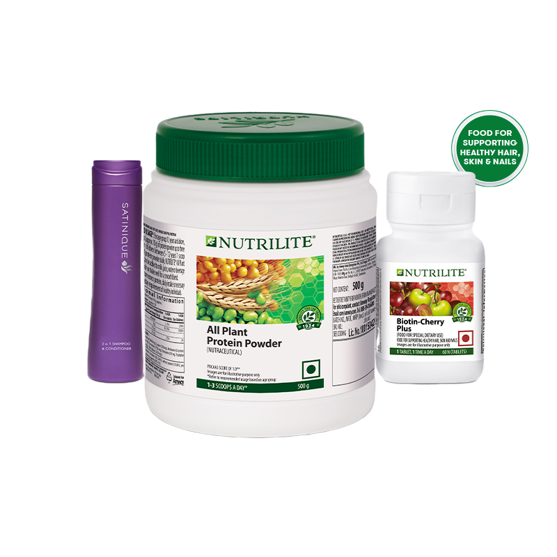 Amway’s hair health support mini product basket for supporting healthy